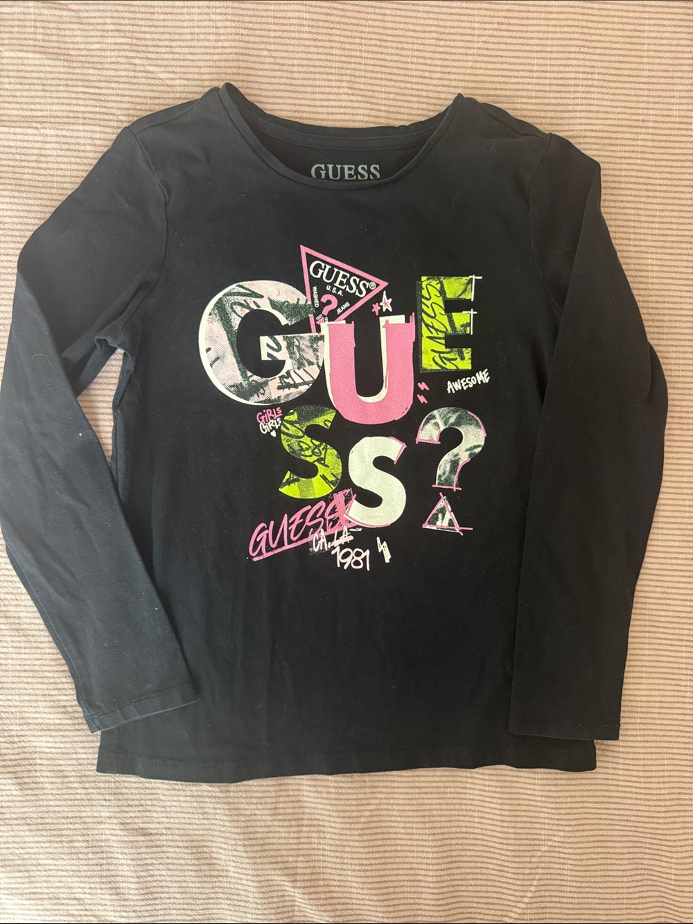 Guess Black Long-Sleeve Tee with Neon Pink & Lime Graphic